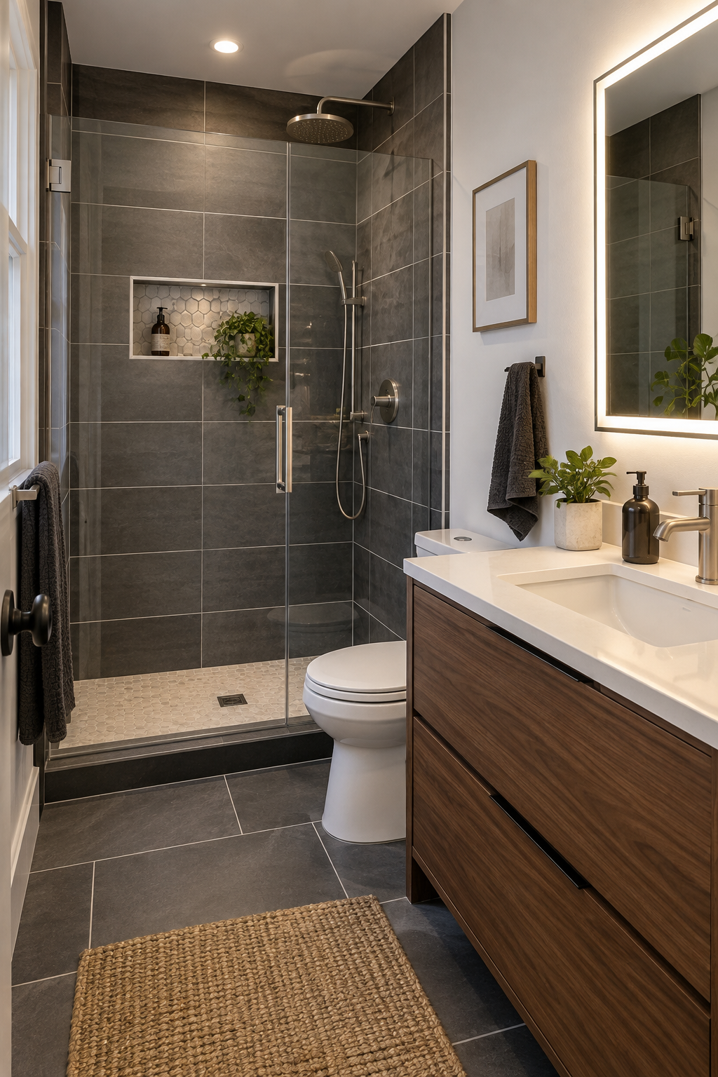 Modern walk-in shower and bathroom remodel